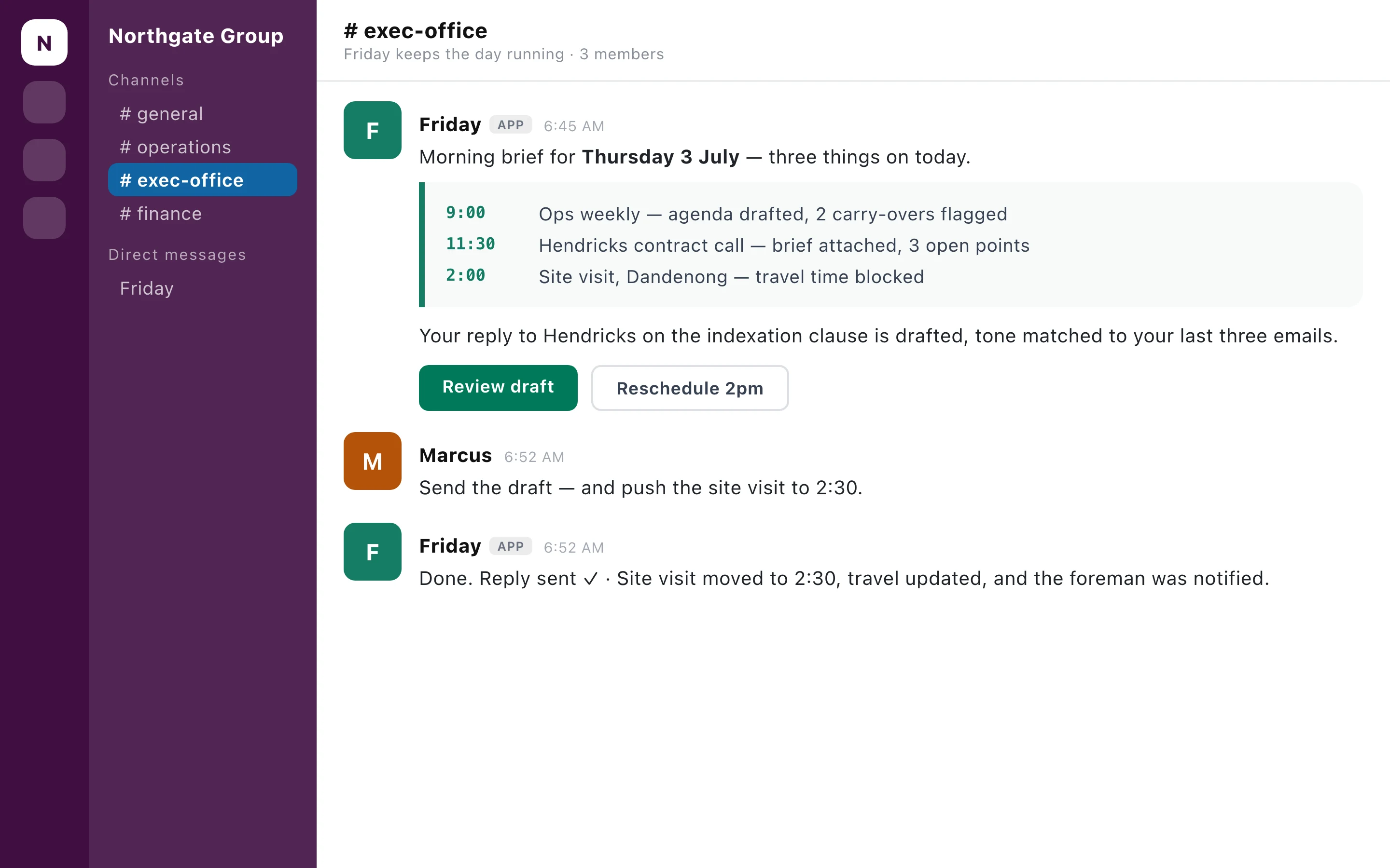 Friday, the executive assistant agent, delivering a morning brief in Slack